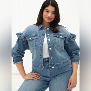 ELOQUII Elements Women's Plus Size Denim Jacket with Embroidered Ruffle Shoulder